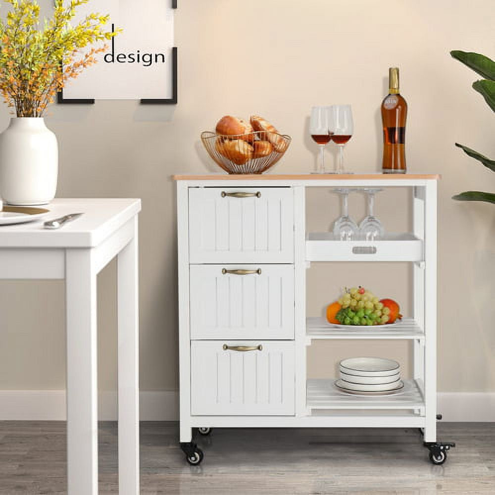 Kitchen Island Rolling Storage Cart with 3 Drawer 3 Tier Holder Serving Bar Cart Coffee Bar Small Kitchen Microwave Trolley with Natural Solid Wood Top Caster Home Furniture, White