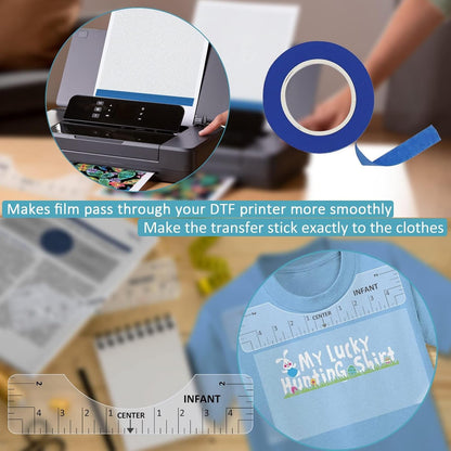 DTF Transfer Film and DTF Powder Set, DTF Film Starter Kit for DTF Printer, 20 Sheets A4 PET Film,8.8 Oz Hot Melt Powder,45 Ft Recognition Tape,2Pcs T-Shirt Ruler Guide for Printing on T-Shirts