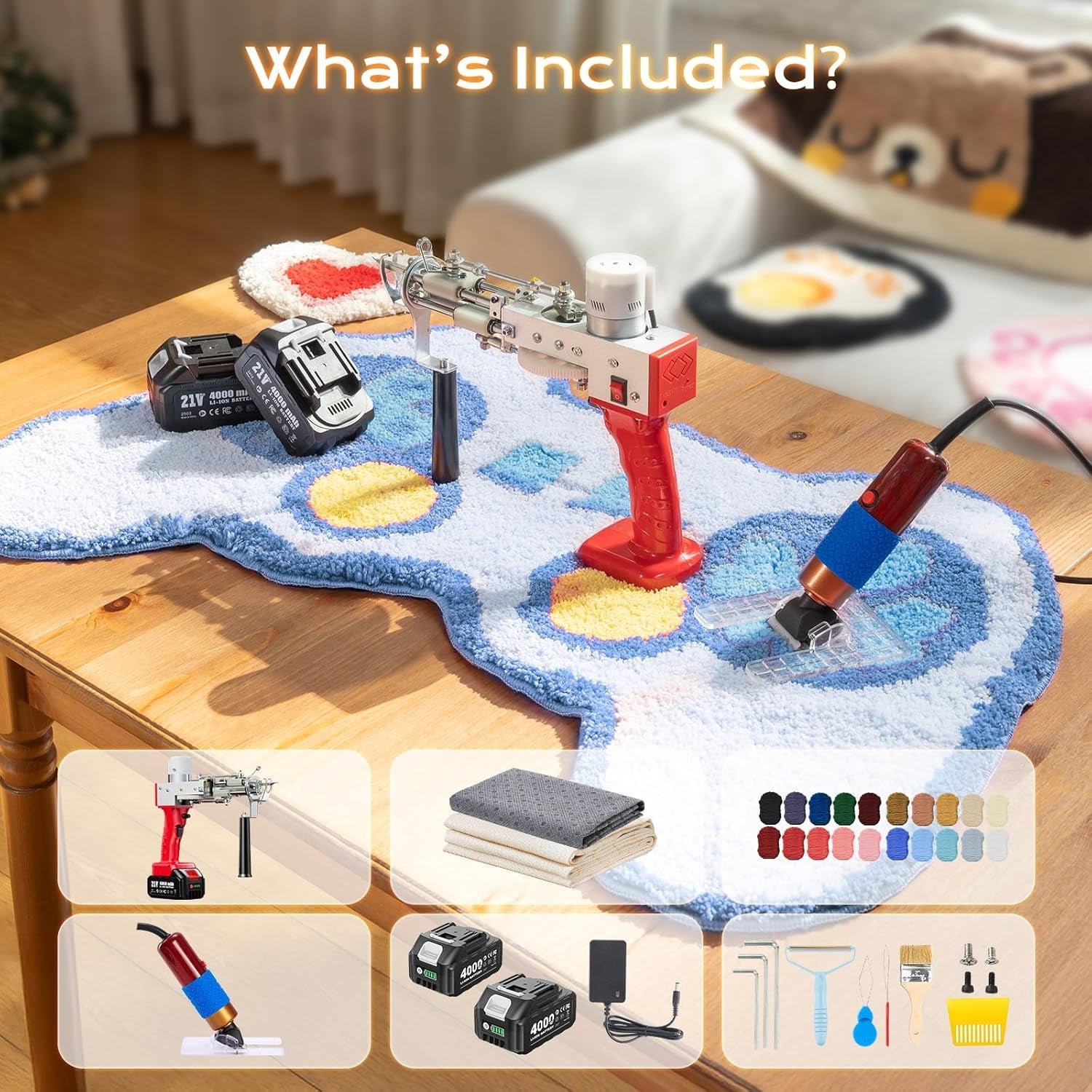 BESGEER Cordless Rug Tufting Gun with Carpet Trimmer Kit, Tufting Gun Starter Kit with 2Pcs 4.0Ah Batteries，2 in 1 Cut Pile and Loop Pile Tufting Gun