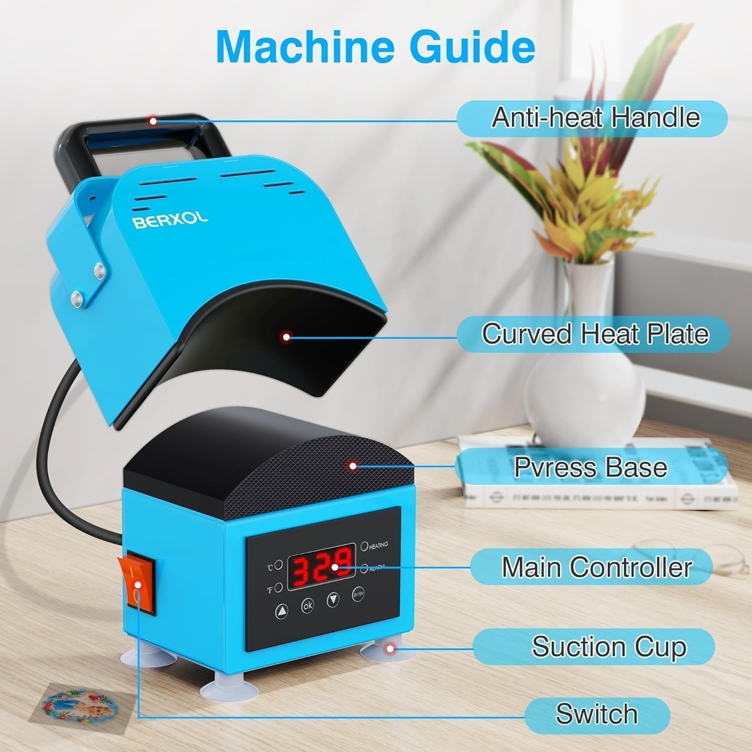 Hat Press,Hat Press Heat Machine for Caps, Curved Heat Plate，Precise Temperature & Timer Control for Easy Operation, Mini Hat Heat Press for Hats, Bags and Socks (Azure Blue)