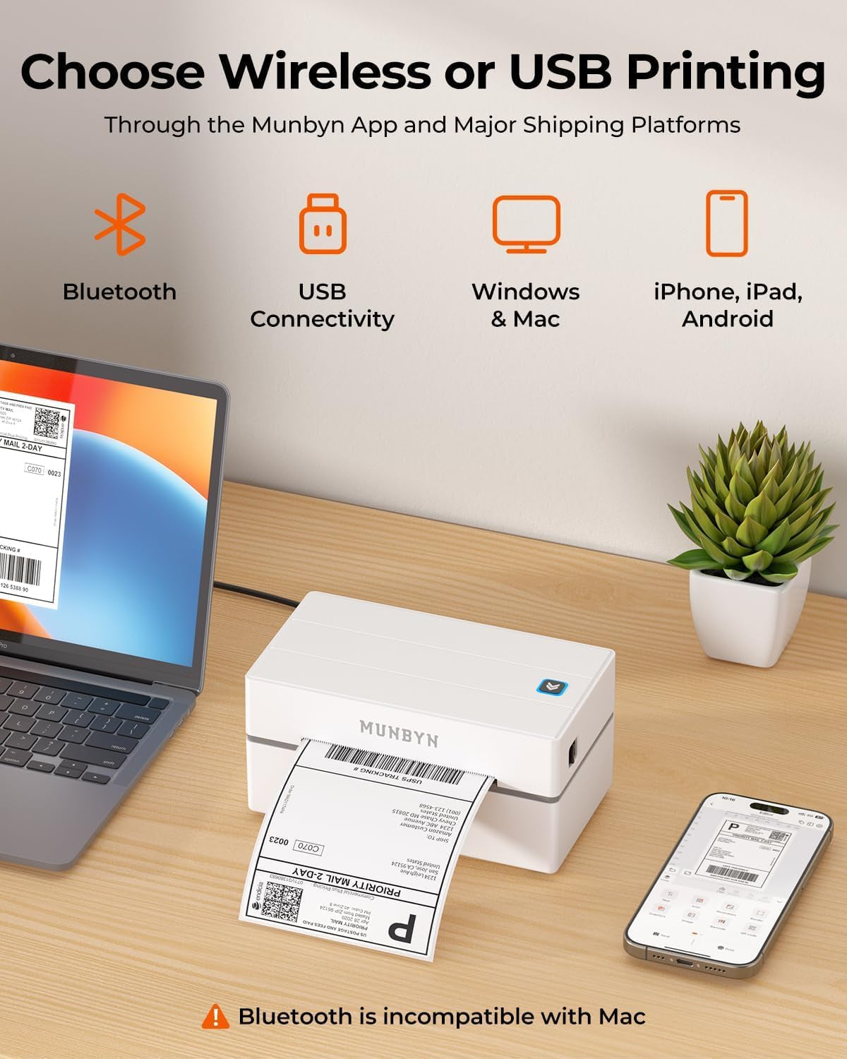 MUNBYN Bluetooth Thermal Label Printer, 130B Wireless 4X6 Shipping Label Printer for Shipping Packages Small Business Office or Home, Compatible with Iphone Android Ipad Windows Macos Chrome Etsy Ebay