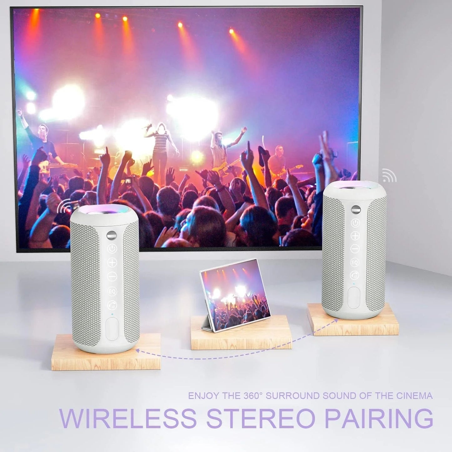 Wireless Portable Speaker,Ipx7 Waterproof Bluetooth Speaker, 24W Loud Stereo Sound, Bassboom Technology, TWS Pairing, Built-In Mic, 30H Playtime with Lights for Home Outdoor - Gray