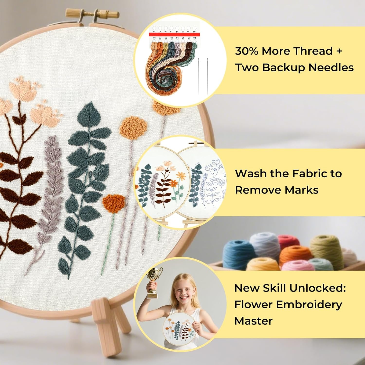 Embroidery Kit for Beginners- 3 Pcs Needlepoint Kits for Adults with Step by Step Video, Flower Beginner Embroidery Kit for Adults, Pre-Printed Patterns for Gift for Women