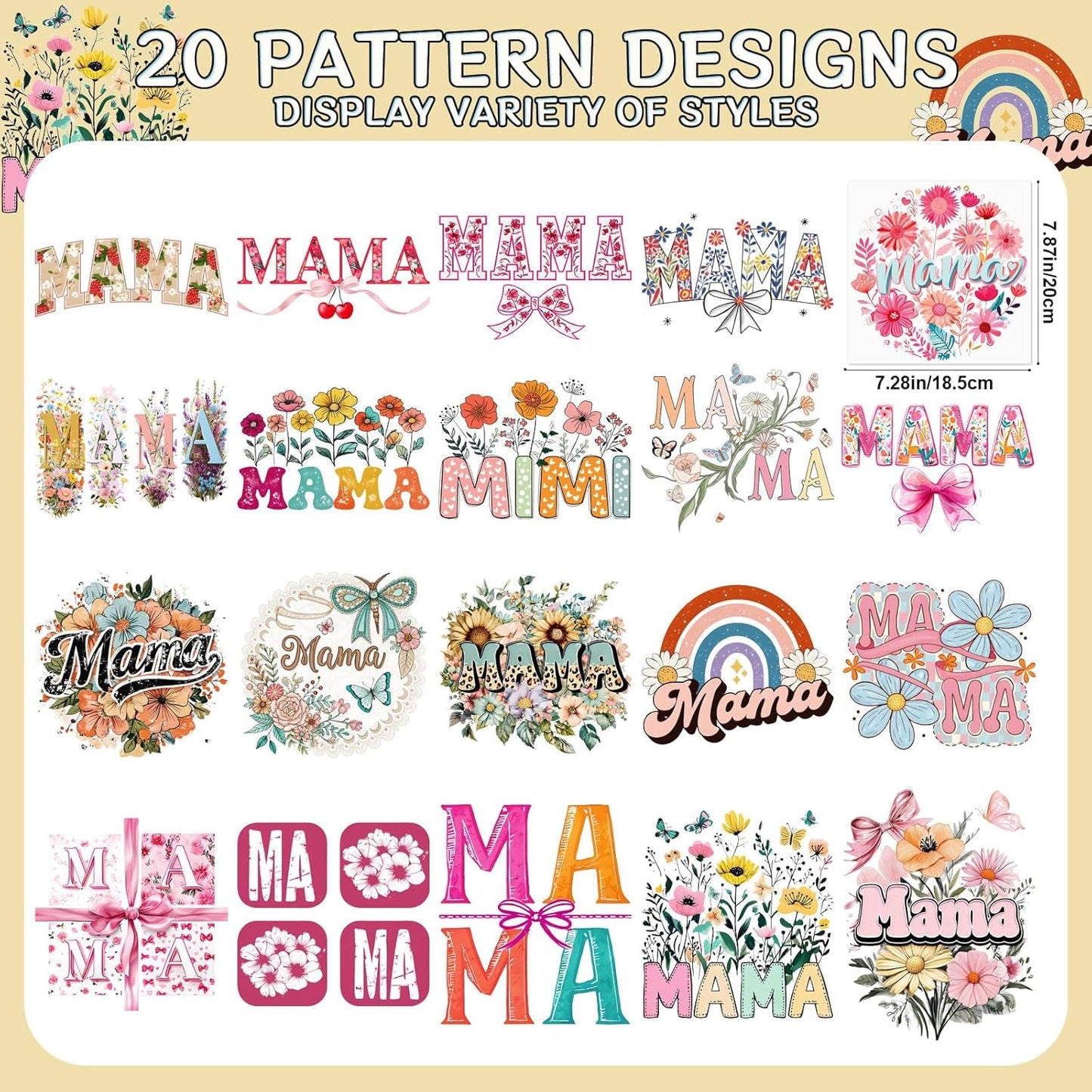 Dtf Transfers Ready to Press - 20Pcs Mother'S Day Iron on Transfers for Tshirts, Floral Mama Iron on Decals Patches, Flower Mama Heat Transfer Stickers for Clothes Pillows Bag DIY Crafts