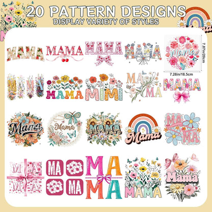 Dtf Transfers Ready to Press - 20Pcs Mother'S Day Iron on Transfers for Tshirts, Floral Mama Iron on Decals Patches, Flower Mama Heat Transfer Stickers for Clothes Pillows Bag DIY Crafts