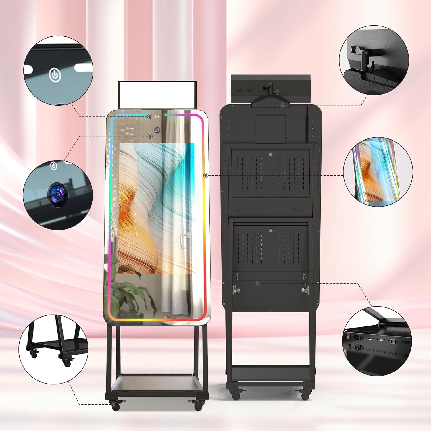 MWE Magic Mirror Photo Booth Machine Touch Screen with Printer,12Mp 4K HD Camera,Rgb Surround Light Music Sync,Professional Photography Light,Dual System,Software APP Remote Control (47In)