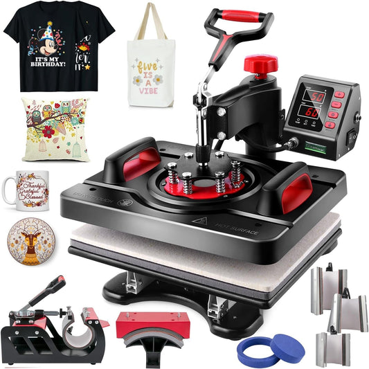 Pro Heat Press, 8 in 1 Heat Press Machine for T Shirts, 15 X 12 Inch Shirt Press Machine, 360-Degree Swing Away Heat Transfer Sublimation Shirt Printing Machine for Tshirts Mugs Plates Caps (R-8 in 1)