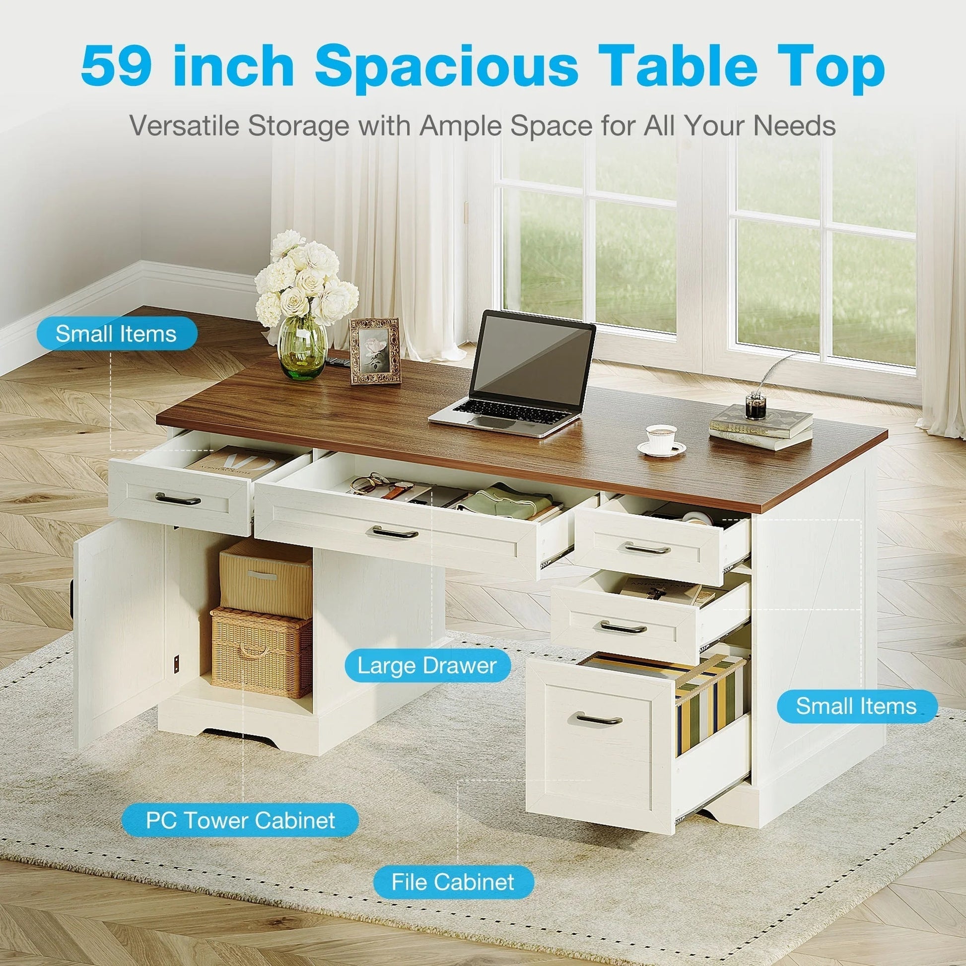 Home Office Desk with File Cabinet and Drawers, 59" Executive Desk with USB Power Outlet, Storage Cabinet for CPU, Workstation Table for Study, Walnut & Warm White