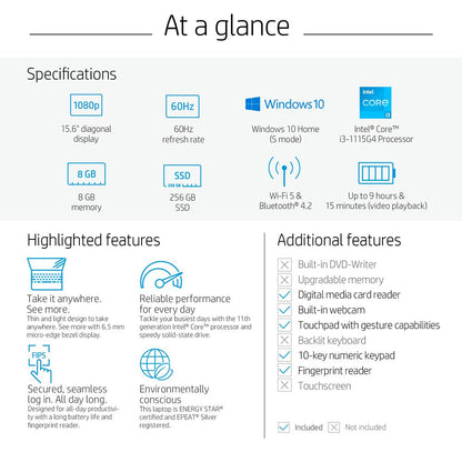 15.6" FHD Laptop, Intel Core I3-1115G4, 8GB RAM, 256GB SSD, Silver, Windows 11, 15-Dy2131Wm