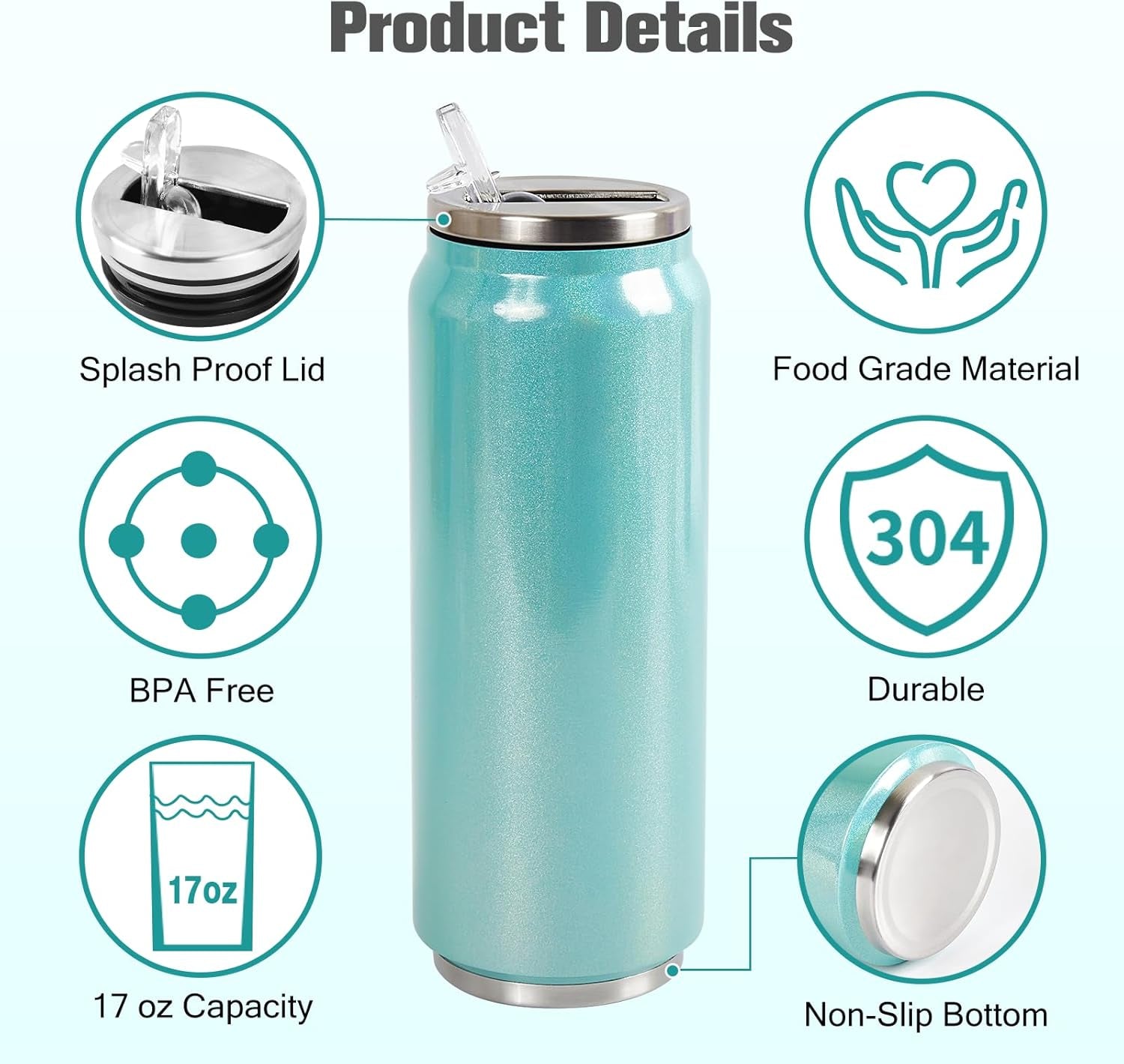 Colorsub 17 Oz Sublimation Glitter Tumblers Cans, Stainless Steel Sublimation Blanks Tumblers, Double Wall Insulated Cups Set with Lid, Straw, Gift Box, 6 Pack Teal