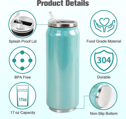Colorsub 17 Oz Sublimation Glitter Tumblers Cans, Stainless Steel Sublimation Blanks Tumblers, Double Wall Insulated Cups Set with Lid, Straw, Gift Box, 6 Pack Teal