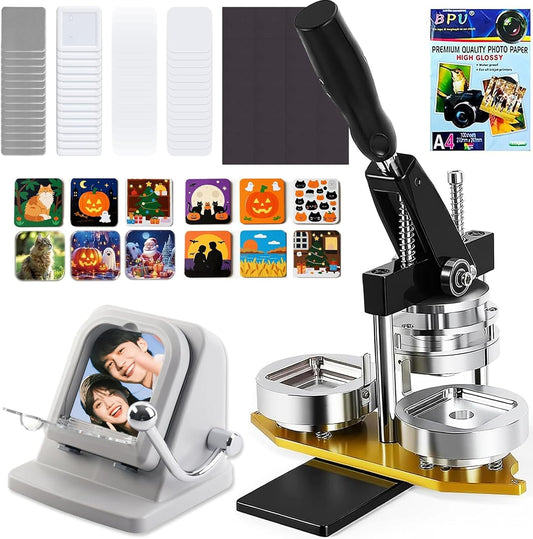 2X2 in Magnet Maker Machine Square, 50X50Mm Square Refrigerator Photo Badge Press with Light-Duty Paper Cutter +200 Sets Supplies + 100Pcs Photo Paper, for Small Business, Craft Lovers, DIY Gifts
