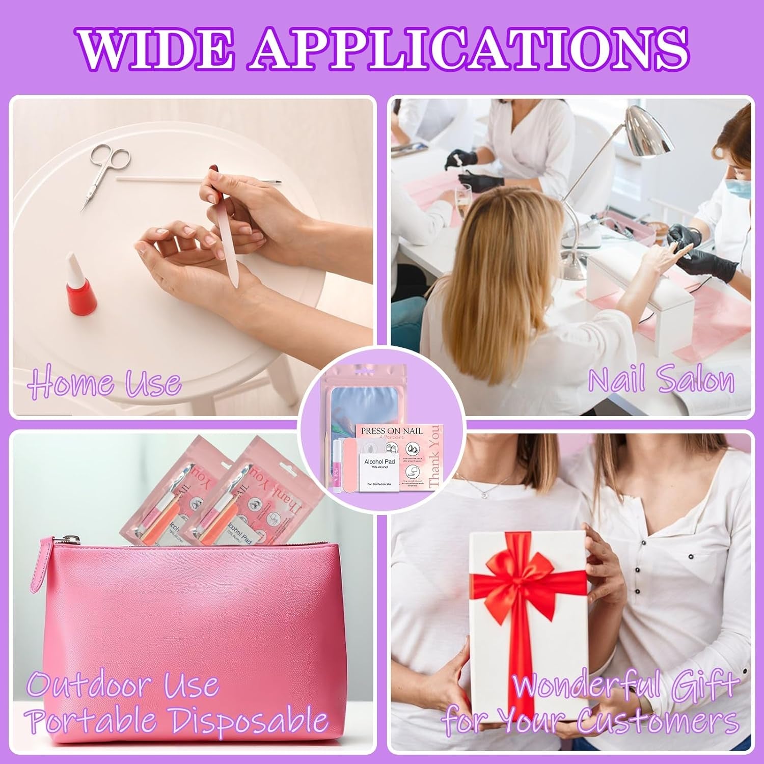Disposable Nail Supplies Kits,Professional Manicure Press on Nail Tool Kit with Nail File,Adhesive Tabs,Nail Glue,Sticks, Prep Pads,Bags,Cards for Nail Business (140Pcs20Set-Pink)