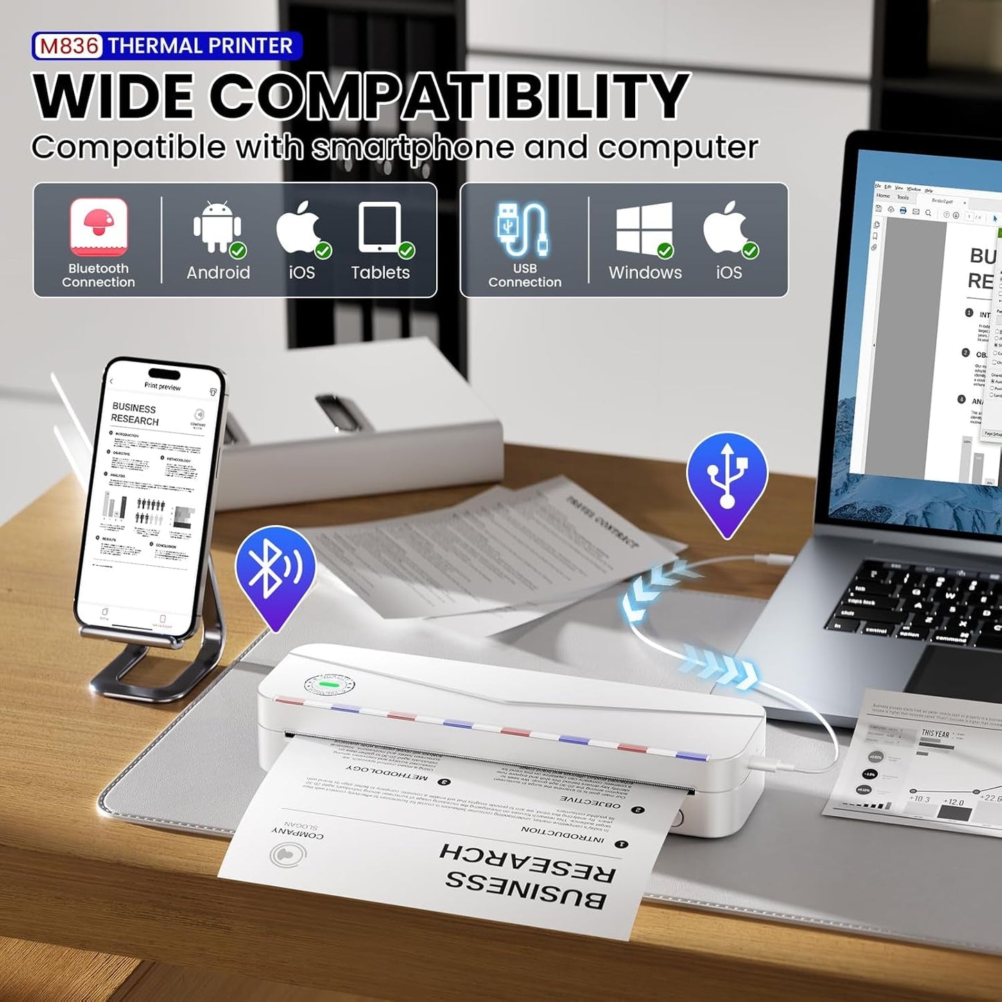 Phomemo Portable Thermal Printer - Portable Printer Wireless for Travel, Support 8.5'' X 11'' US Letter & A4, M836 Bluetooth Inkless Printer for Home Use, for Iphone & Laptop, 1 Roll Paper