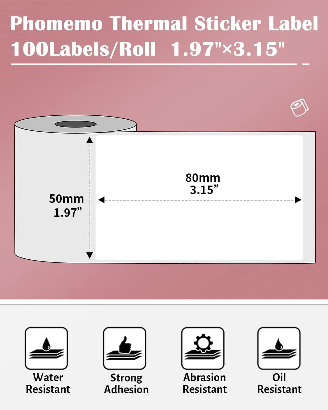 Phomemo Thermal Labels- Sticker Label for M110/M221/M220/M120/M200 Label Printer,1.97"X3.15"(50X80Mm),100 Labels/Roll, Black on White