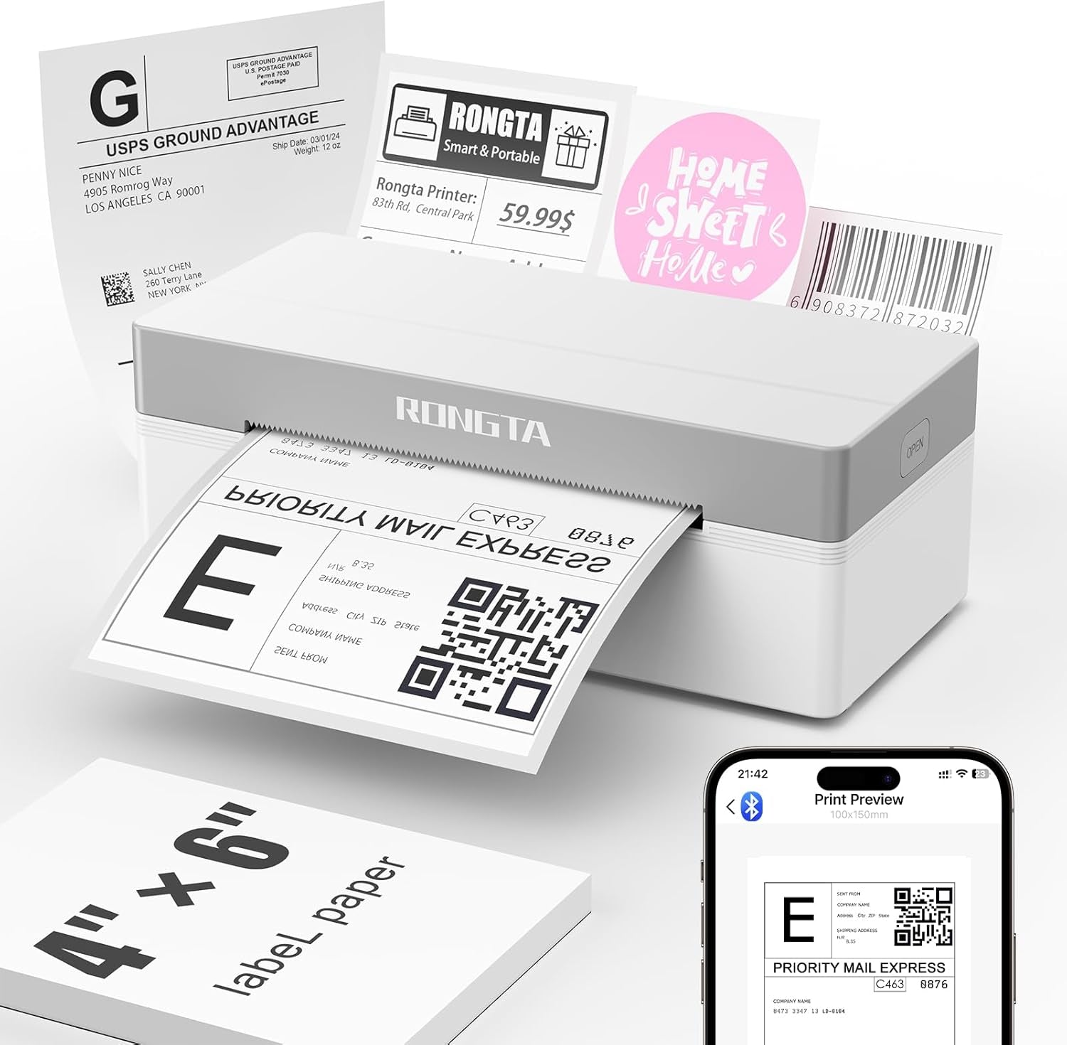 Rongta Shipping Thermal Label Printer, Bluetooth 4X6 Sticker Label Maker Wireless Shipping Label Printer for Package Small Business Compatible with Windows Macos Android Ios (White)