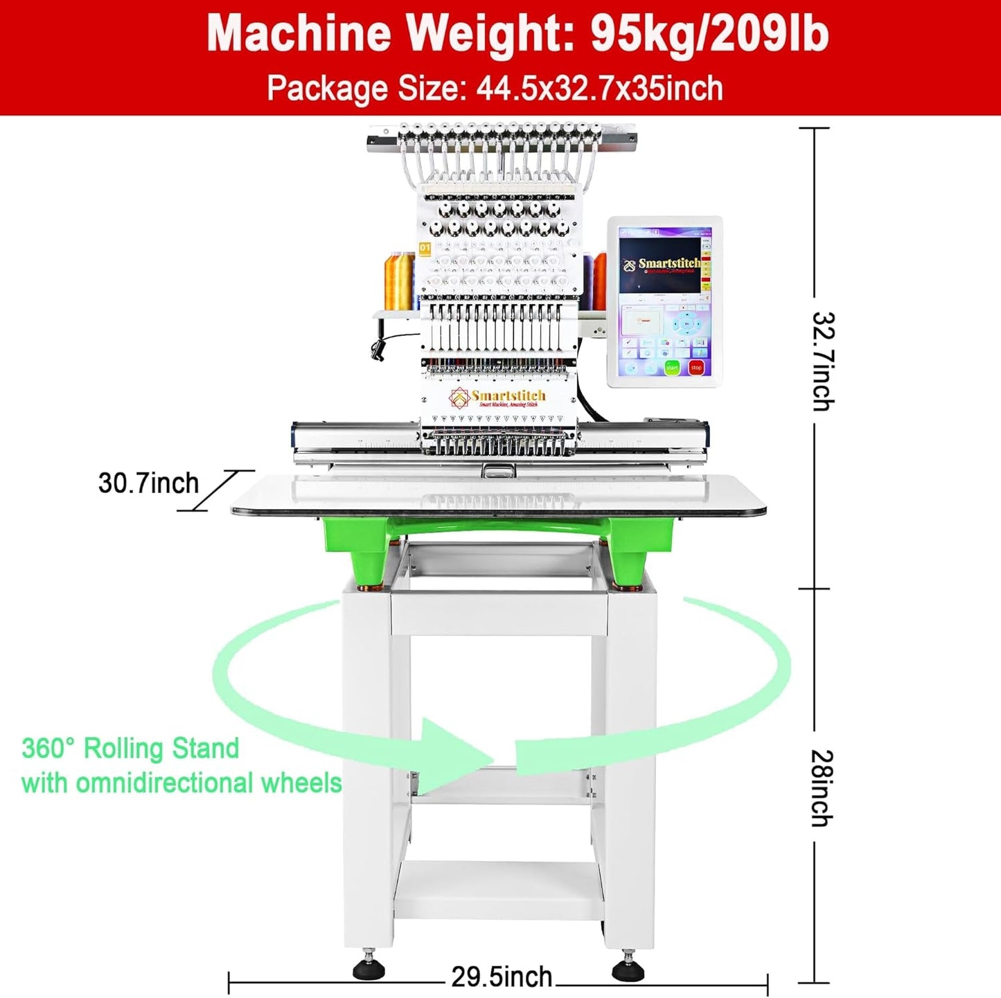 S-1501 Commercial Embroidery Machine with 15 Needles,14"X20" Embroidery Area,1200Spm Max Speed,12" Touch Screen, Wifi Available, Capable of Embroidering on 3D Caps, Flat, T-Shirt and More