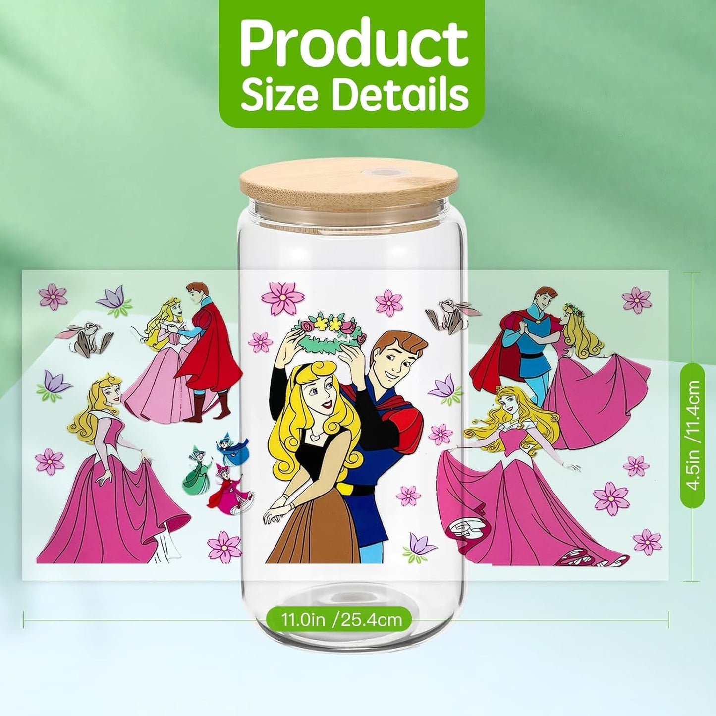 6Sheets Cartoon UV DTF Cup Wrap Transfer Stickers for 16Oz Glass Cups, Rub on Transfers for Crafts Cup Decal Stickers (Princess)