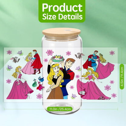 6Sheets Cartoon UV DTF Cup Wrap Transfer Stickers for 16Oz Glass Cups, Rub on Transfers for Crafts Cup Decal Stickers (Princess)