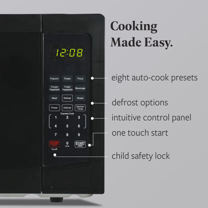 1.1 Cu. Ft. Countertop Microwave Oven – 1000W Power, Auto Cook Settings, Defrost, and Safety Lock – Black