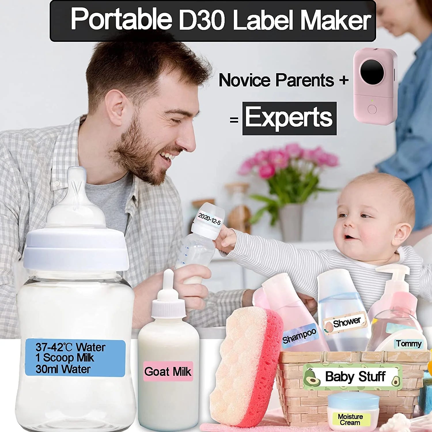 D30 Thermal Label Printer, Bluetooth Wireless Mini Pocket Smartphone Label Maker Machine with Tape, Compatible with Ios/Android, for Home, Office, and Supermarket（Pink）