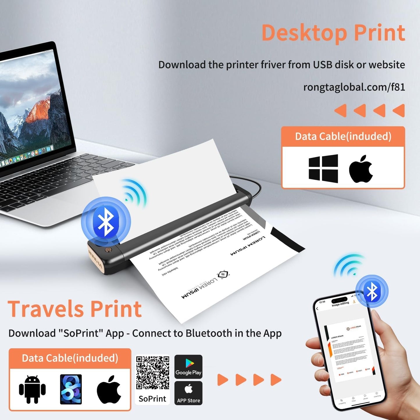 Rongta Portable Printer, Bluetooth Inkless Thermal Printer Wireless for Travel, Compatible with Android Ios Phone & Laptop, Supports 8.5" X 11" US Letter for Office, Home, Car, F81 (Gray)