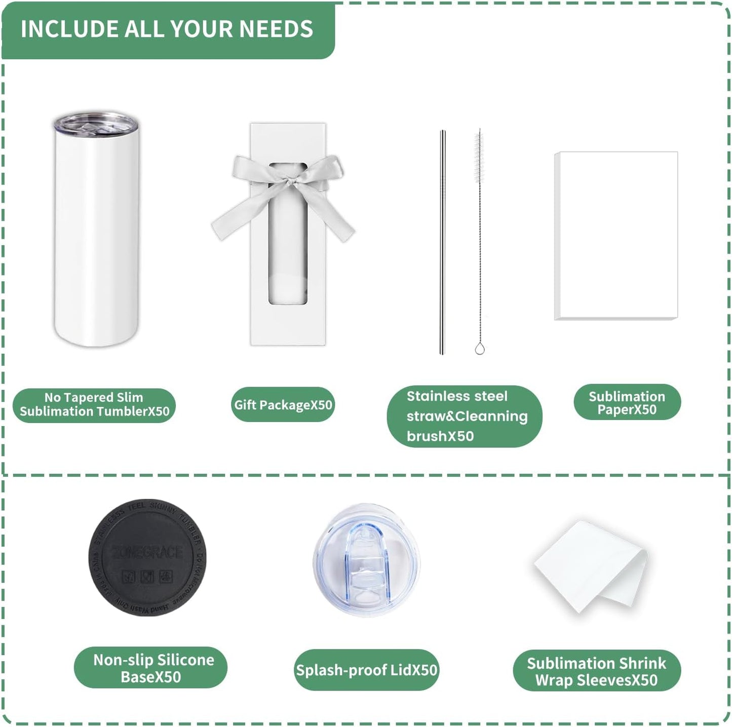 50 Pack Sublimation Tumblers 20 Oz Skinny Bulk,Stainless Steel Double Wall Insulated Straight Sublimation Tumbler Cups Blank White with Lid,Individually Box,Polymer Coating for Heat Transfer