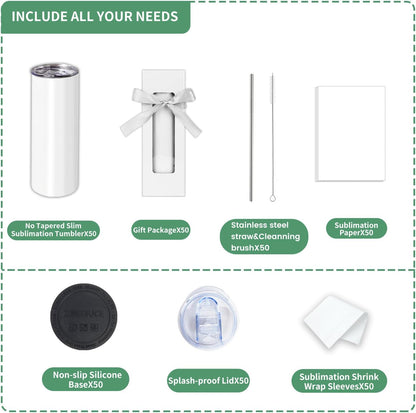 50 Pack Sublimation Tumblers 20 Oz Skinny Bulk,Stainless Steel Double Wall Insulated Straight Sublimation Tumbler Cups Blank White with Lid,Individually Box,Polymer Coating for Heat Transfer