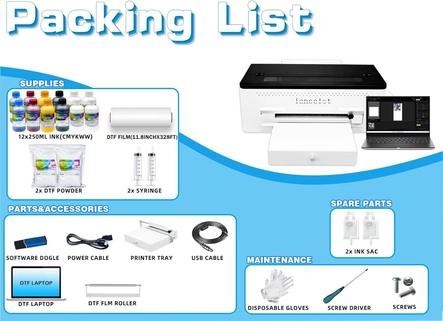 Lancelot A3 L1800 DTF Transfer Printing Machine with Roll Feeder, White Ink Circulation and Easy Operation,Dtf Printer Bundle for Dark and Light Clothing (Printer+Oven+Laptop+Consumable)