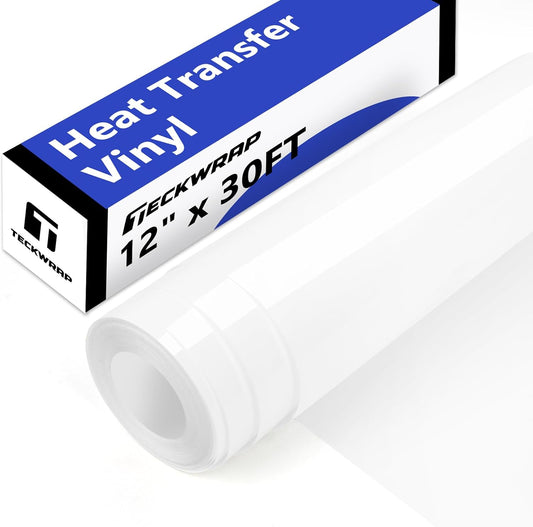 White HTV Iron on Vinyl Rolls - 12" X 30Ft HTV Heat Transfer Vinyl for T-Shirt White Iron on Vinyl Rolls for All Cutter Machine, Easy to Use