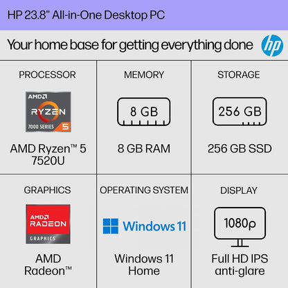 HP 24 Inch All-In-One Desktop PC, FHD Display, AMD Ryzen 5 7520U, 8 GB RAM, 256 GB SSD, AMD Radeon Graphics, Windows 11 Home, 24-Cr0002 (2024)