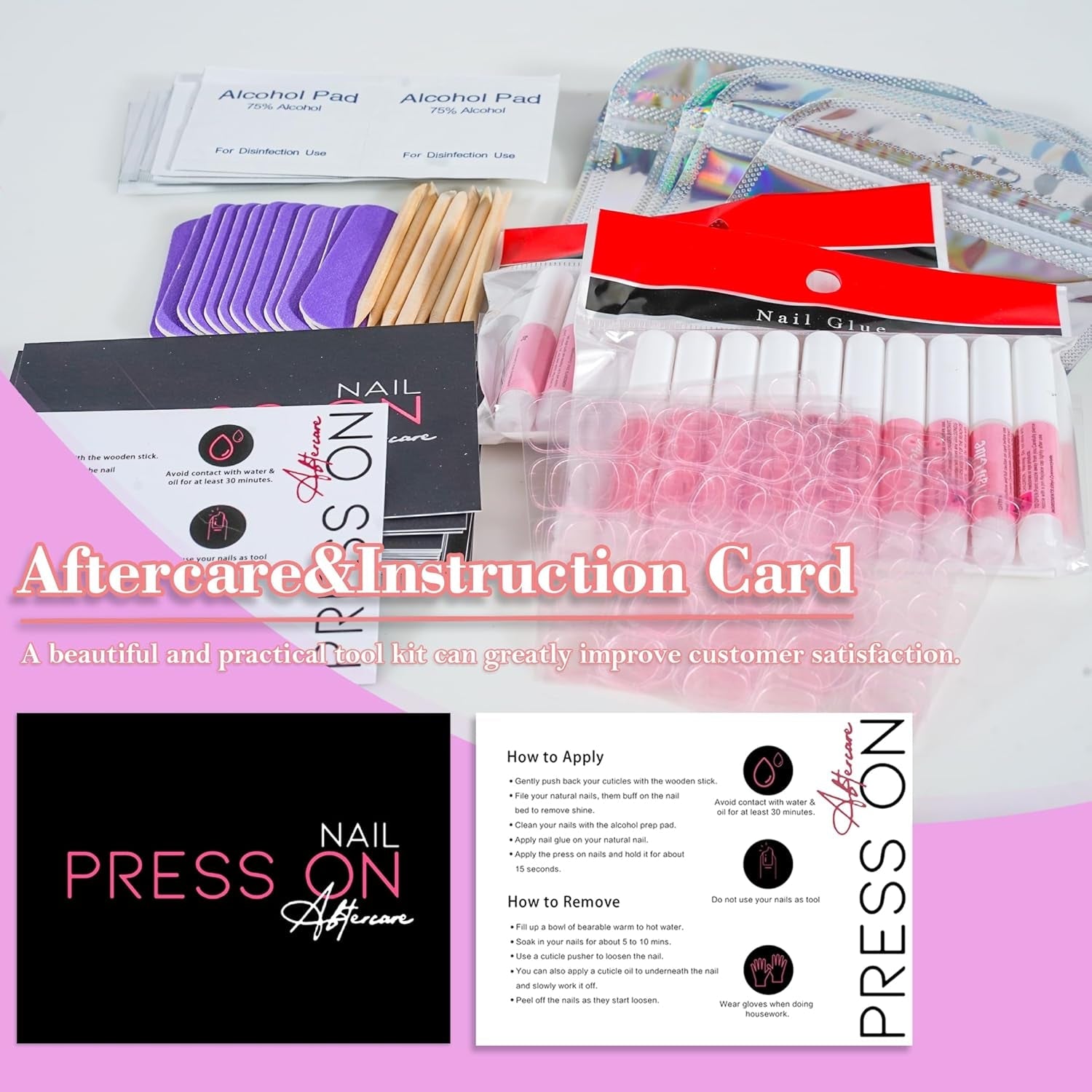 Press on Nail Tool Kit for Nail Business, Nail Prep Application Disposable Kit with Nail File, Nail Glue, Prep Pads, Instruction Card, Adhesive Nail Tabs, Wood Stick, Holographic Bag (20Pcs in Purple)