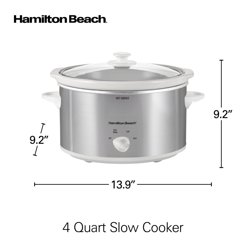 Slow Cooker, 4 Quart Capacity, Serves 4+ People, Removable Crock, White and Silver, 33140