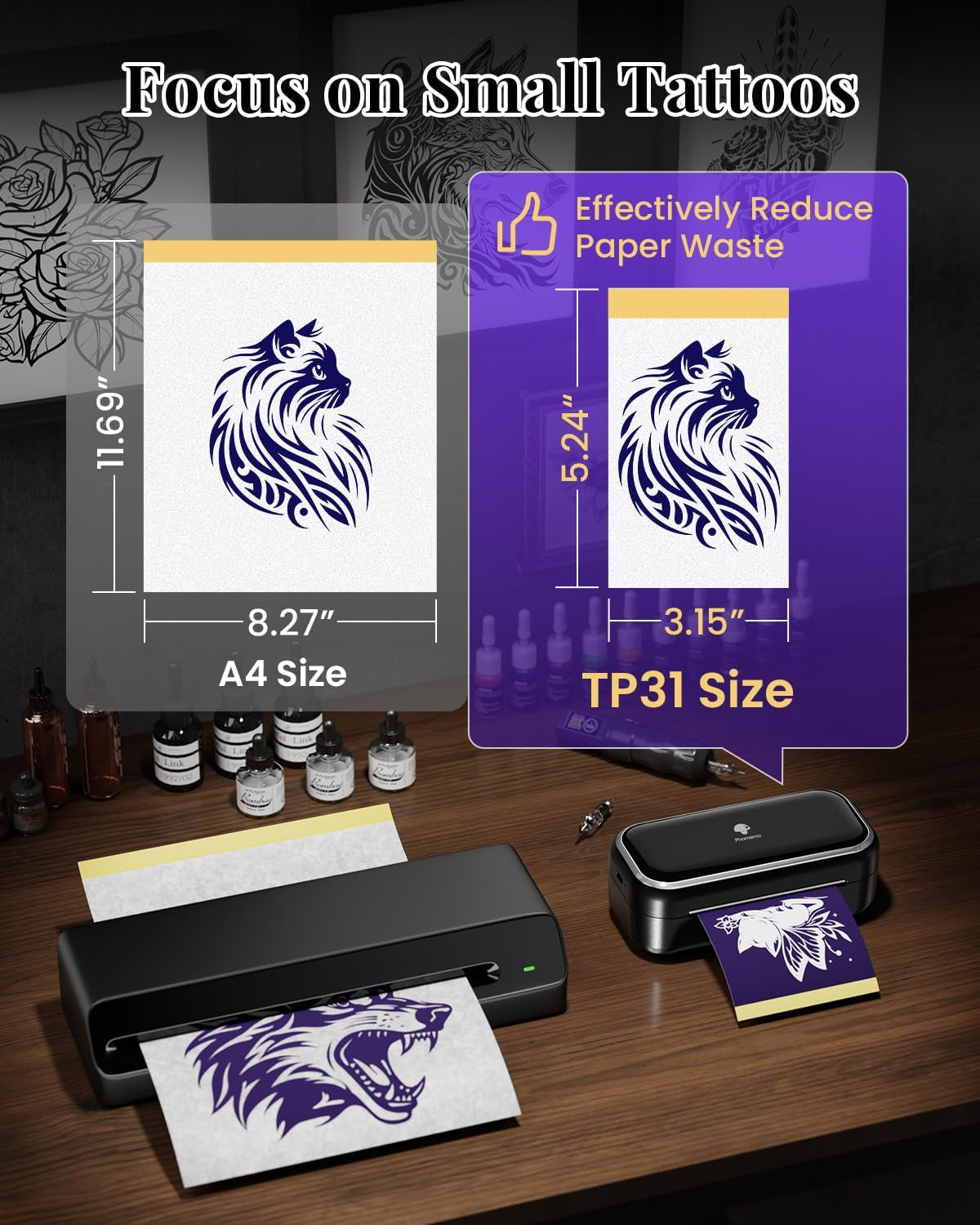 Phomemo Tattoo Stencil Printer -TP31 Mini Tattoo Maker with 30Pcs Transfer Paper,Small Portable Tattoo Machine for Beginners/Enthusiast/Artists,Easy to Use with Smartphone,Pad- Black