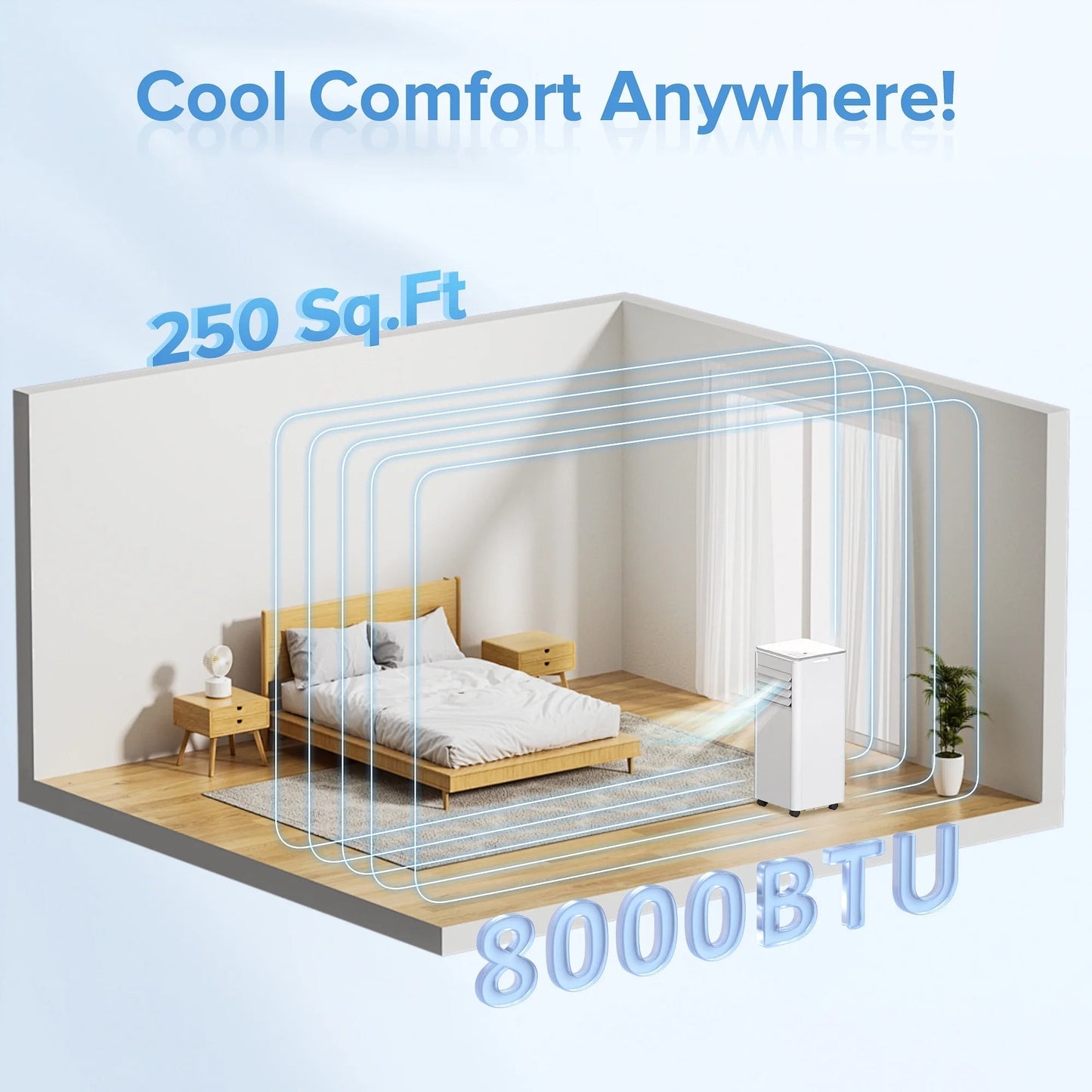 8000 BTU Portable Air Conditioner, Dehumidifier, Fan, Sleep Mode, 4 in 1 AC with 24-Hour Timer