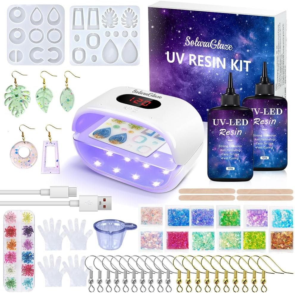 Solaraglaze UV Resin Kit with Light 240G Hard Type Clear UV Resin Jewelry Making Kit Two-Sided Light and Molds DIY Jewelry Making Supplies for Keychain and Earring
