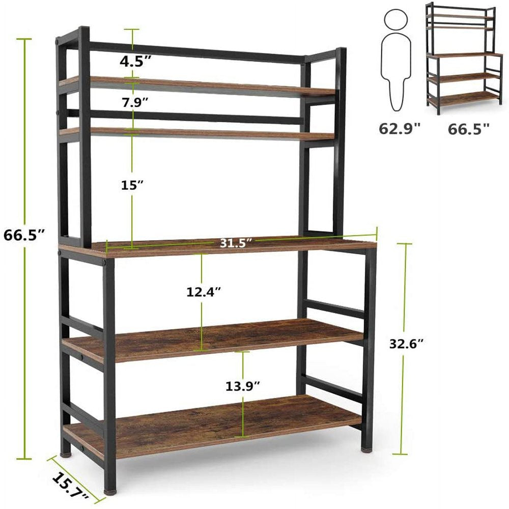 5-Tier Kitchen Bakers Rack with Hutch, Industrial Microwave Oven Stand, Free Standing Kitchen Utility Cart Storage Shelf Organizer (Rustic Brown)