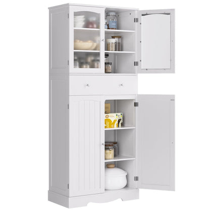 70.8'' Kitchen Pantry with 4 Doors, Freestanding Storage Cabinet with Large Drawer for Dining Room, White