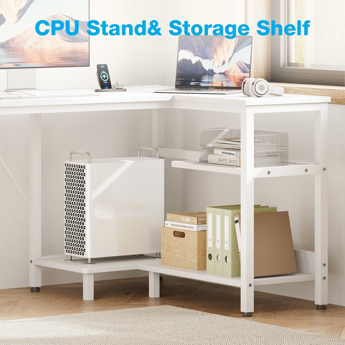 L Shaped Desk with Power Outlets, Large Computer Desk with File Drawer, Home Office Desk with Printer Stand & Storage Shelves, Corner Desk, White
