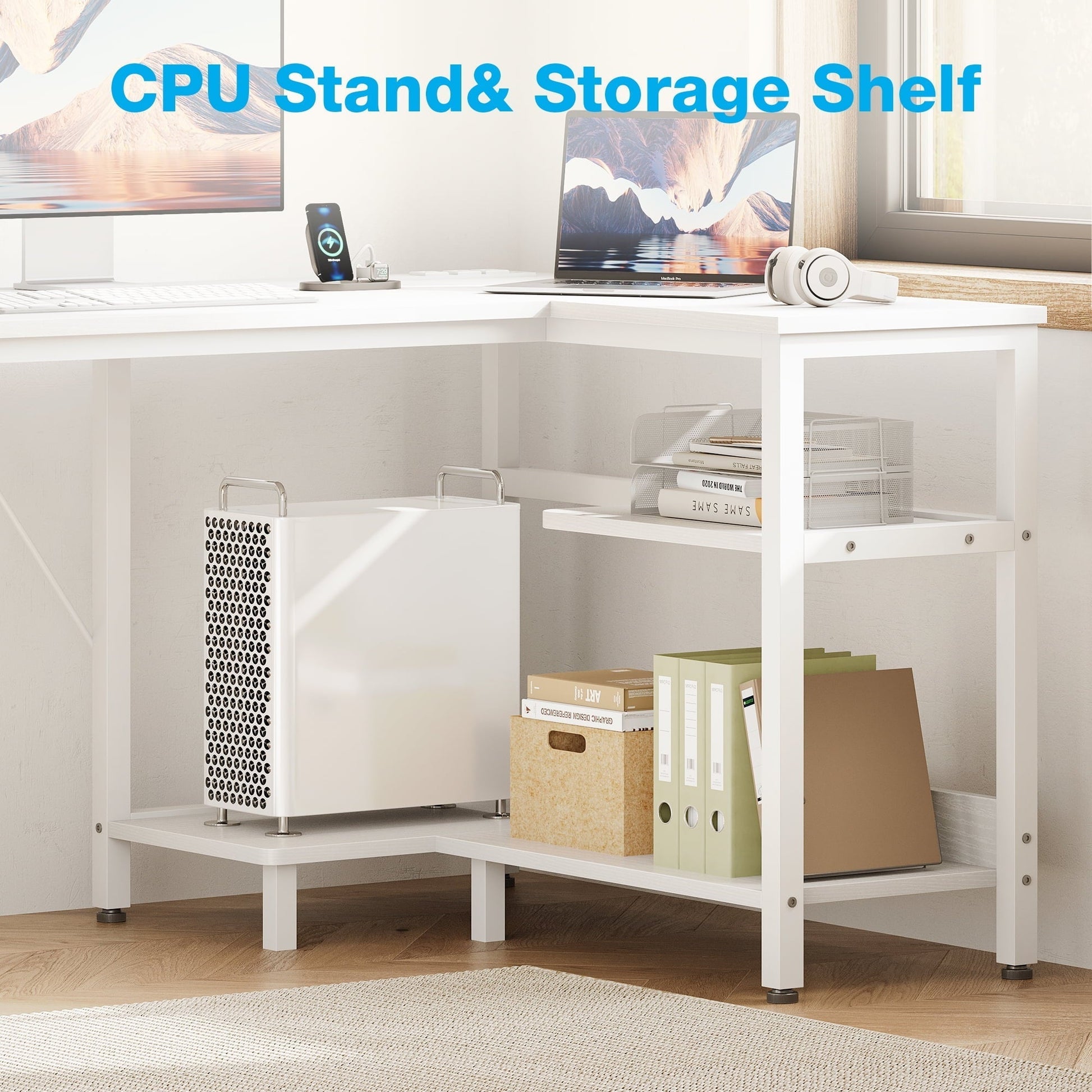 L Shaped Desk with Power Outlets, Large Computer Desk with File Drawer, Home Office Desk with Printer Stand & Storage Shelves, Corner Desk, White