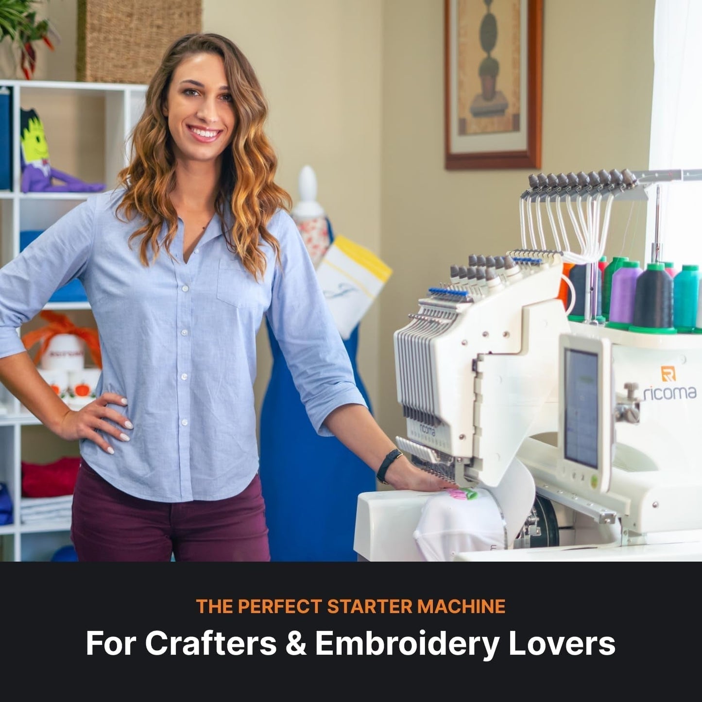 EM-1010-7S Single-Head Multi Needle Embroidery Machine for Beginners with Steel Embroidery Stand, Hoop and Cap Attachments, Chroma Digitizing Software, Lifetime Customer Support