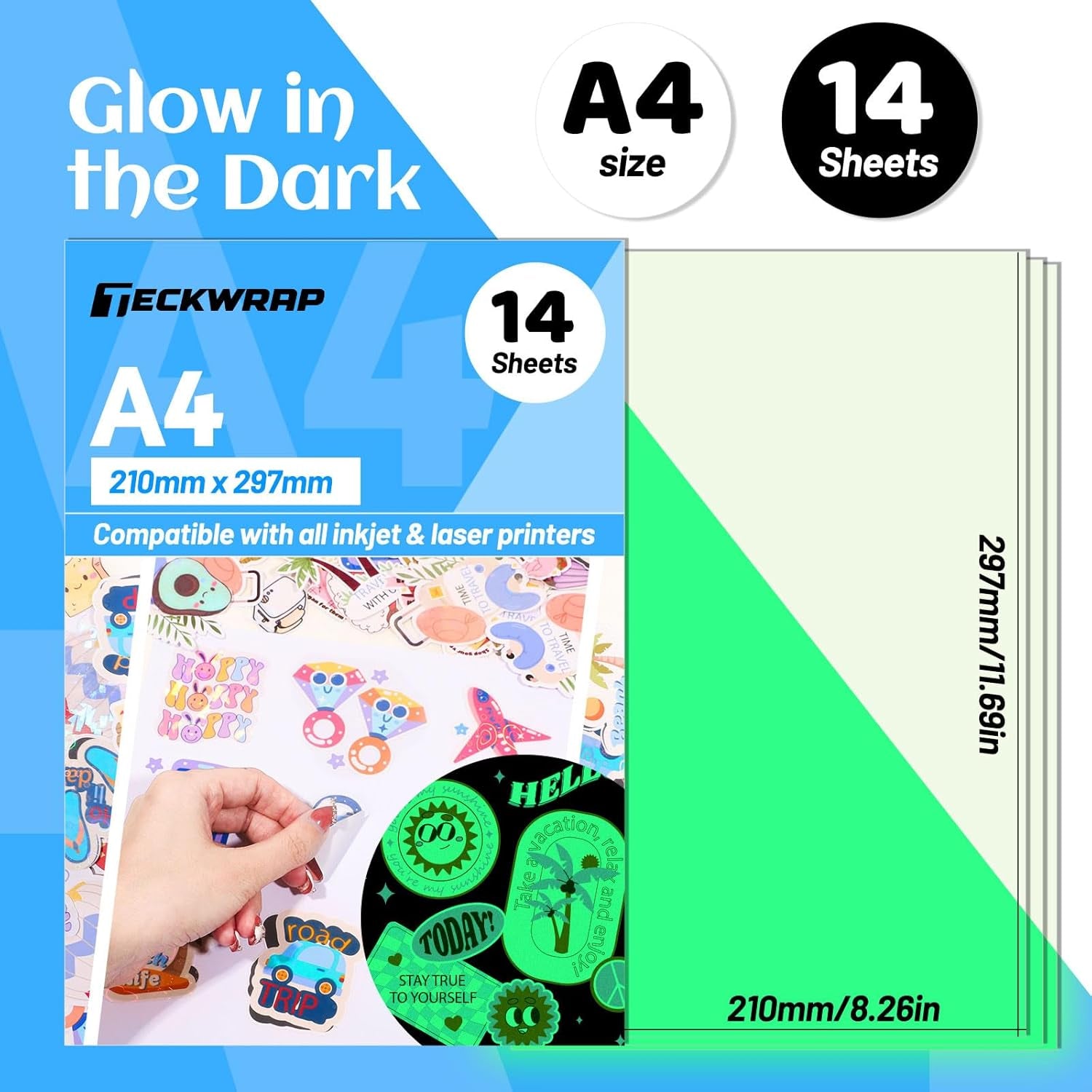 Printable Vinyl Sticker Paper for Inkjet Printer, Glow in the Dark Vinyl Inkjet Printable Sticker Paper, 8.26" X 11.69" A4 Size for Scrap-Booking, Craft Cutters, Home Decor, 14 Sheets/Pack