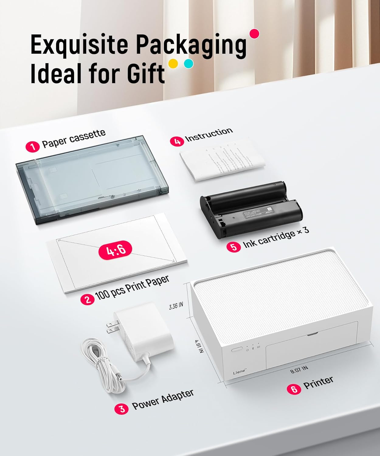 Liene M100 4X6'' Photo Printer, Phone Printer 100 Sheets & 3 Cartridges, Full-Color Photo, Portable Instant Photo Printer for Iphone Android, Thermal Dye Sublimation, Wi-Fi Picture Printer 100 Papers