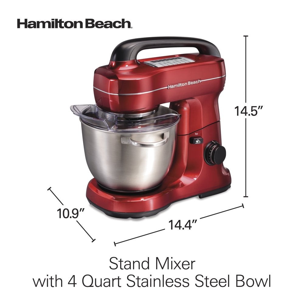 Electric Stand Mixer with 4 Quart Stainless Bowl, 7 Speeds, Whisk, Dough Hook, and Flat Beater Attachments, Splash Guard, 300 Watts, Red, 63395