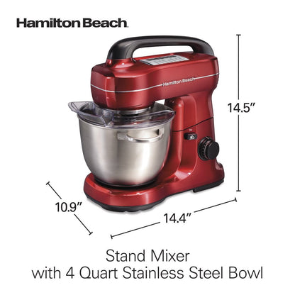 Electric Stand Mixer with 4 Quart Stainless Bowl, 7 Speeds, Whisk, Dough Hook, and Flat Beater Attachments, Splash Guard, 300 Watts, Red, 63395