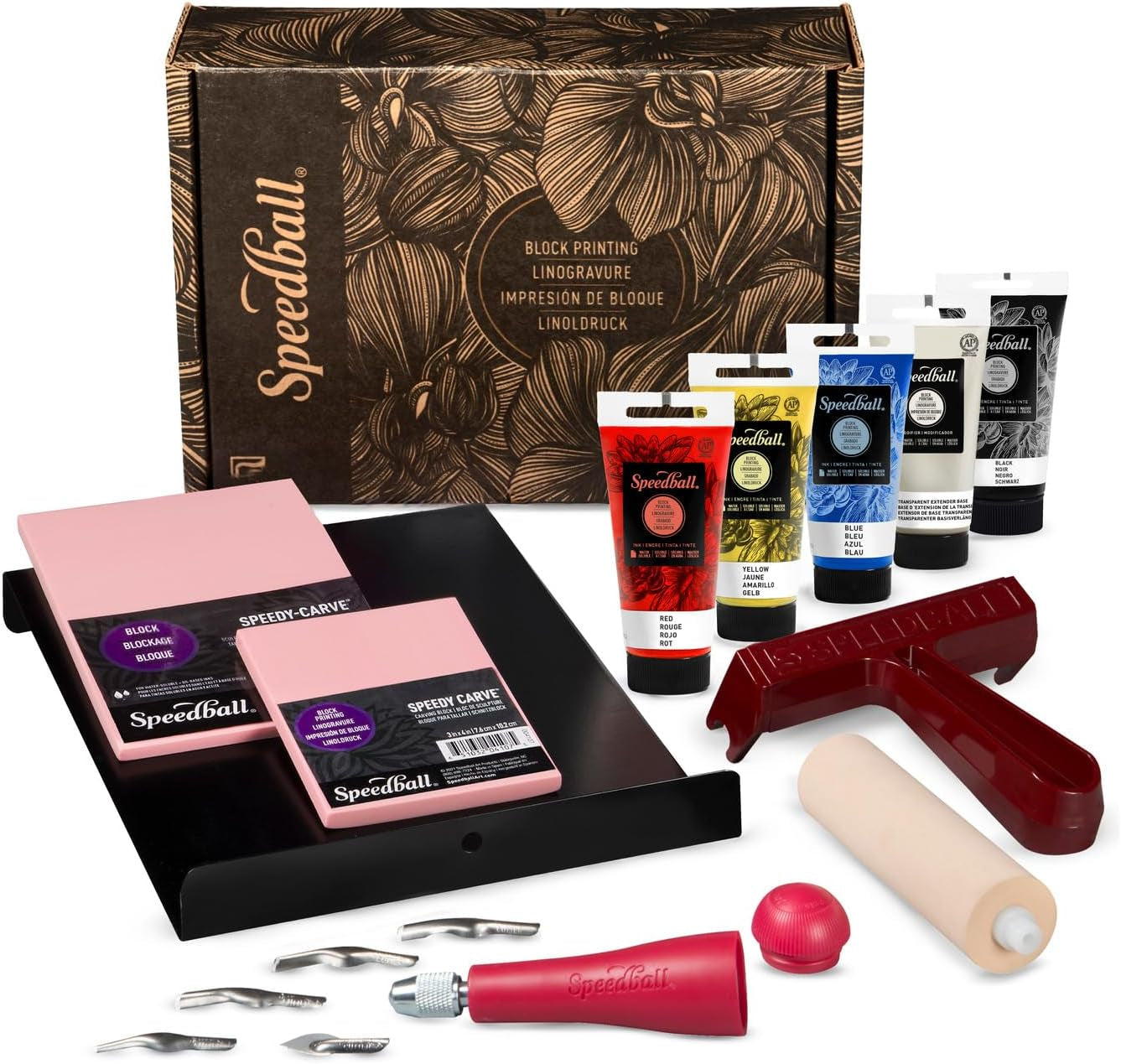 Speedball Deluxe Block Printing Kit - Includes Inks, Brayer, Bench Hook, Lino Handle and Cutters, Speedy-Carve Block, Mounted Linoleum Block (3472)