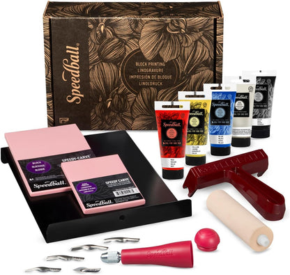 Speedball Deluxe Block Printing Kit - Includes Inks, Brayer, Bench Hook, Lino Handle and Cutters, Speedy-Carve Block, Mounted Linoleum Block (3472)
