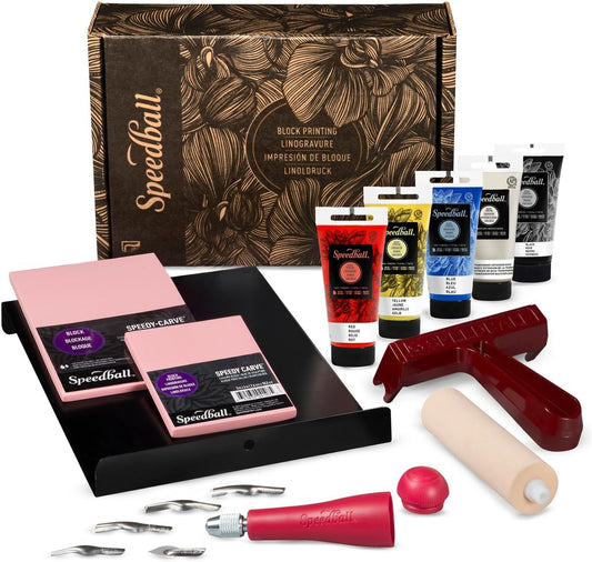 Speedball Deluxe Block Printing Kit - Includes Inks, Brayer, Bench Hook, Lino Handle and Cutters, Speedy-Carve Block, Mounted Linoleum Block (3472)
