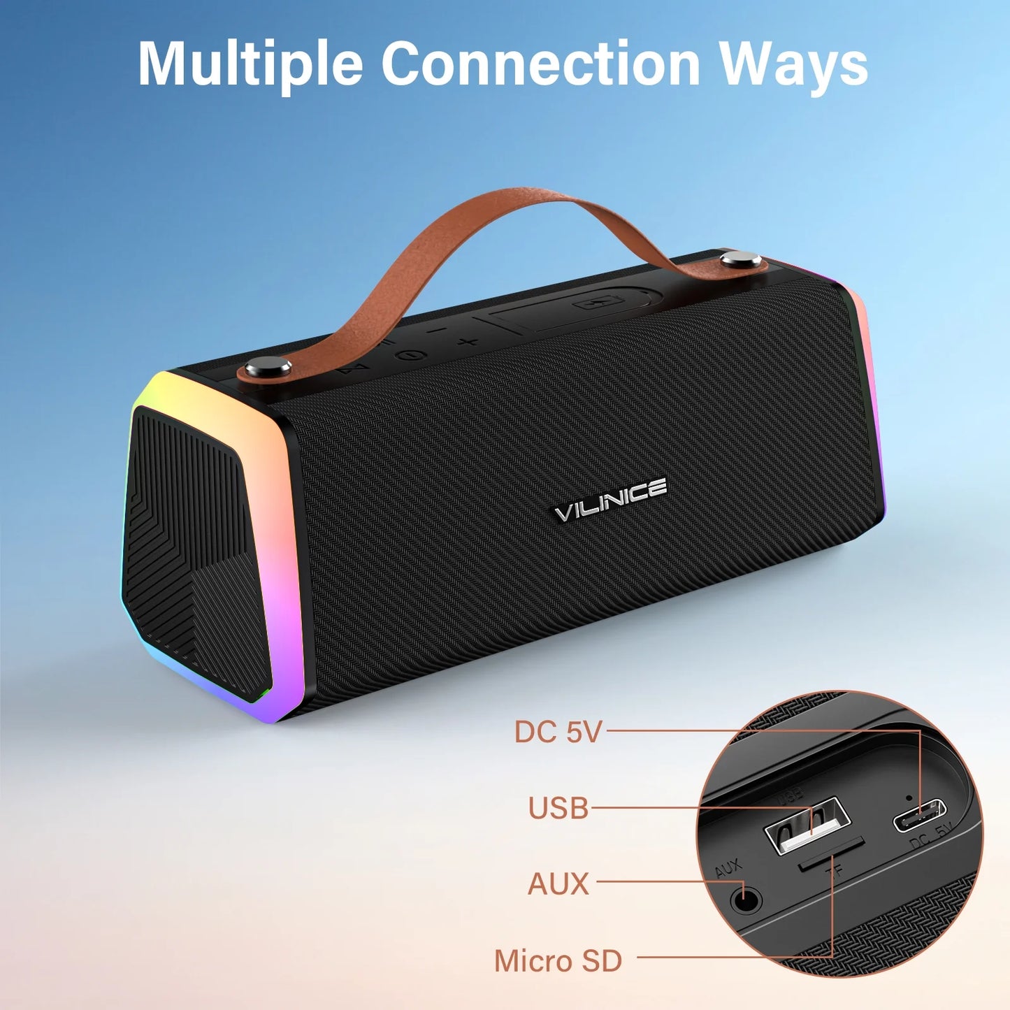 Portable Bluetooth Speaker, IPX6 Waterproof Outdoor Speaker with RGB Lights, TWS Pairing, Bluetooth 5.3/AUX/TF/USB, 20W Stereo Sound, Wireless Speaker for Home, Outdoor and Travel