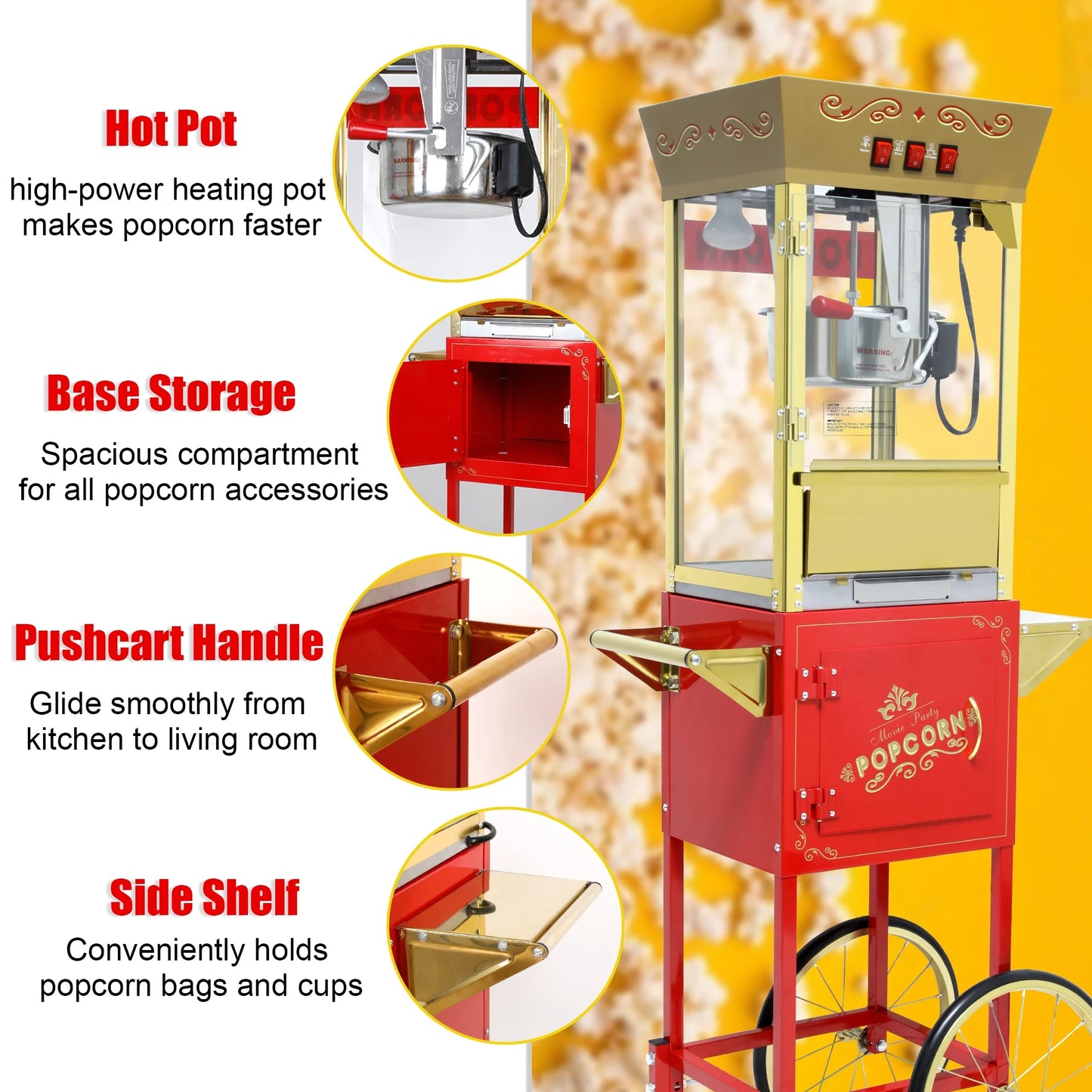 12OZ Popcorn Machine with Cart,  Movie Theater Popcorn Maker Machine with Stainless Steel Kettle, Tempered Glass, 8" Shelf, Popcorn Machine for Kids Party Home, Red